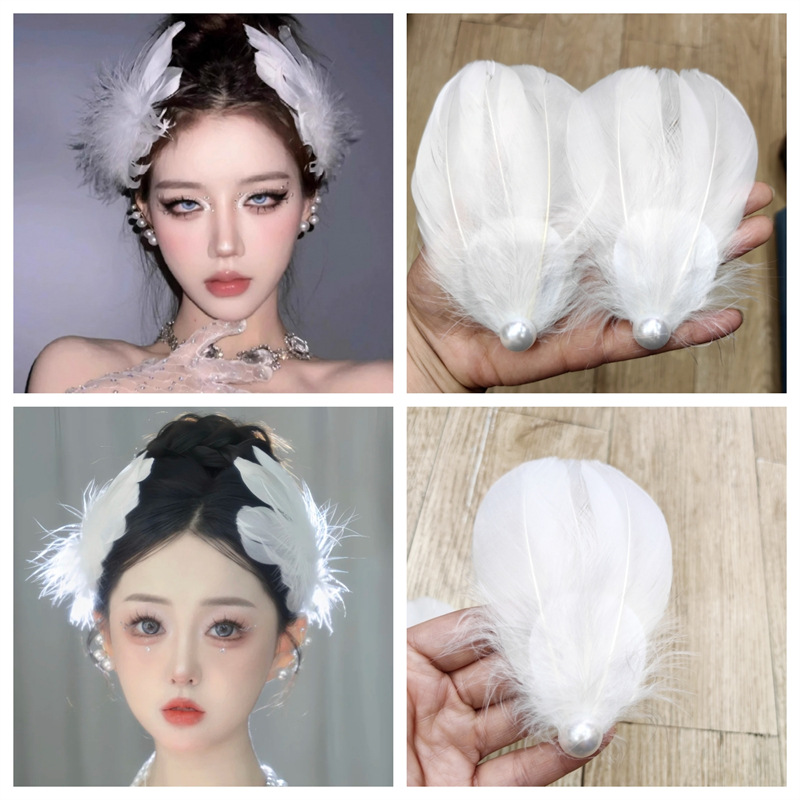 White Fairy Feather Hairpin Women's French Ballet Stage Performance Hair Accessories White Goose Edge Clip Top Clip Hair Accessories