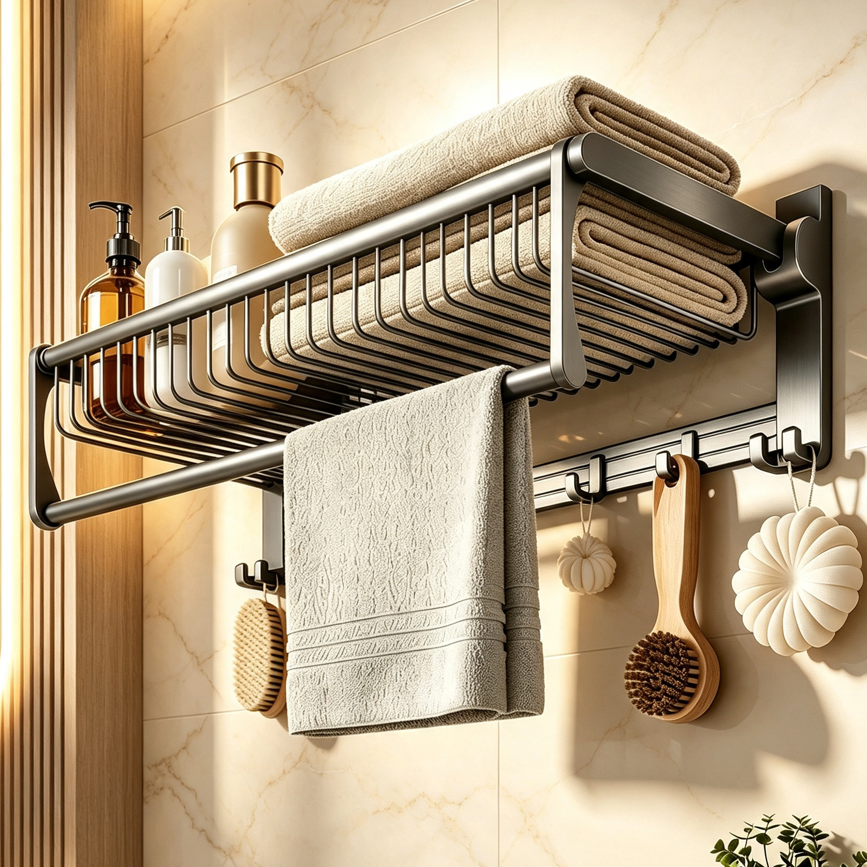 Folding mesh basket towel rack, no-drill space aluminum bathroom storage rack, wall-mounted bathroom towel rack, no-drill required