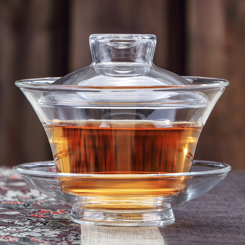Wholesale large glass transparent cover bowl tea set sancai tea cup tea lid suit single heat-resistant tea bowl with lid Wholesale large glass transparent cover bowl tea set sancai tea cup tea lid suit single heat-resistant tea bowl with lid