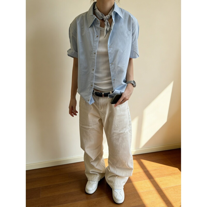 Twisted Fishbone Steel Wire Short-Sleeved Shirt with Square Collar, Light-Colored, Unisex, Shapeable Half-Sleeves