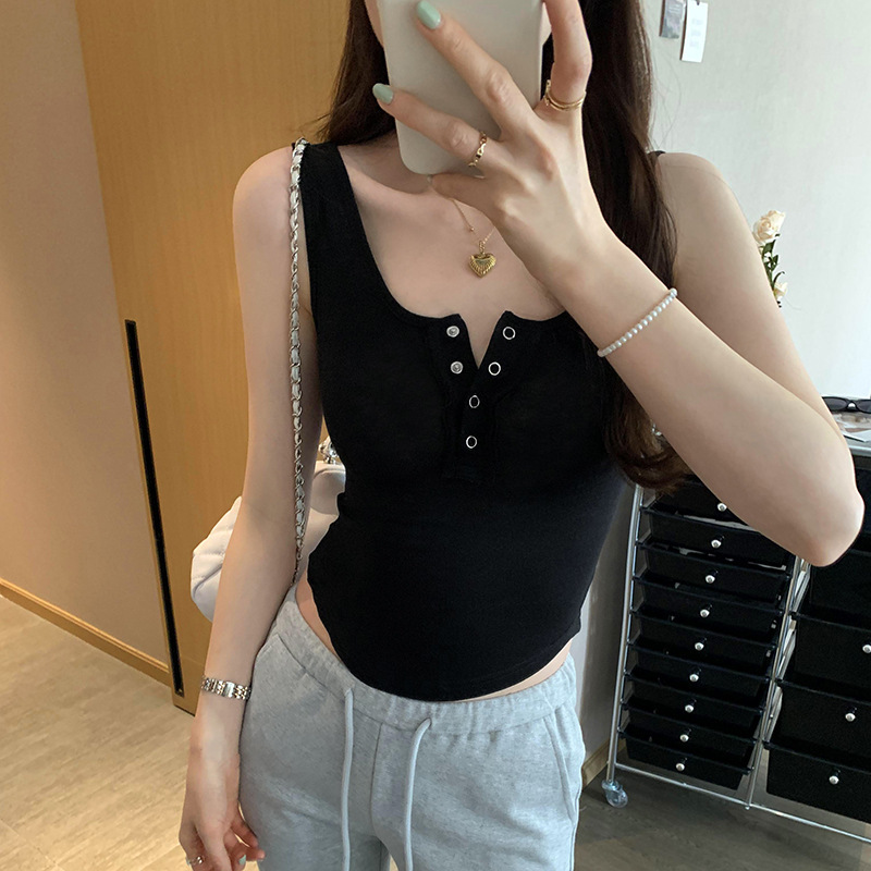 Summer New Half-open Collar Hot Girl Chest-revealing Tight Slimming Curved Hem Hidden Buckle Sleeveless Outer Wear Camisole for Women Summer New Half-open Collar Hot Girl Chest-revealing Tight Slimming Curved Hem Hidden Buckle Sleeveless Outer Wear Camisole for Women