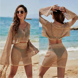 2023跨境亚马逊新款欧美针织衫套装喇叭袖宽松镂空度假防晒衣女