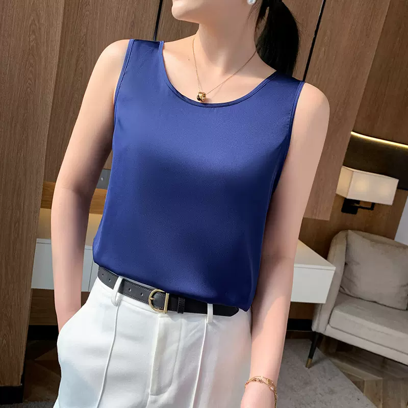 醋酸丝绸冰丝黑色上衣薄款吊带女夏外穿西装内搭打底缎面背心白色