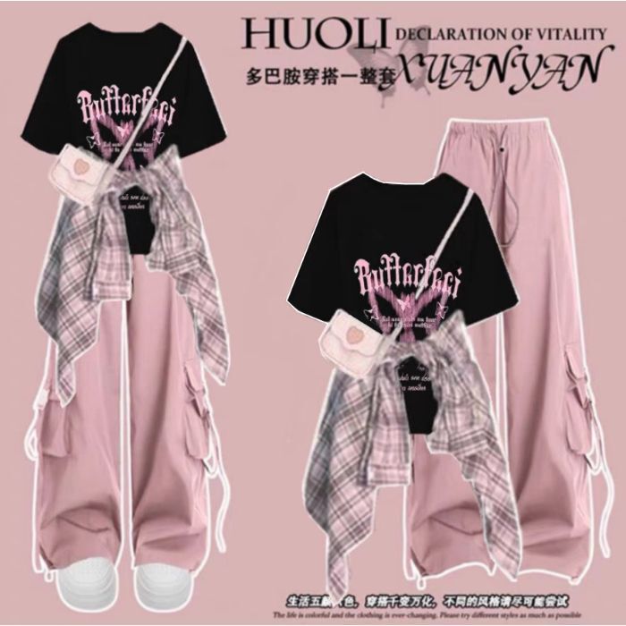 Fashion Suit # Printed Loose and Versatile Round Neck Top Paired with Plaid Shirt Jacket and Drawstring Cargo Pants