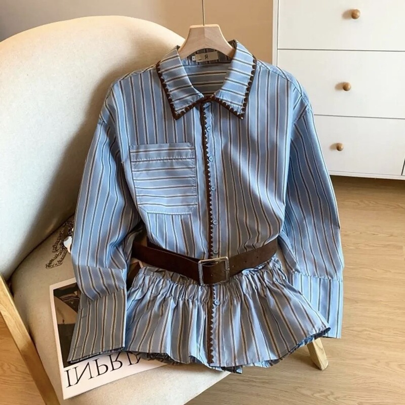 Long-sleeved striped shirt for women, new Korean style, sweet and cute, age-reducing, versatile, college style, slimming, color-blocking, collared shirt