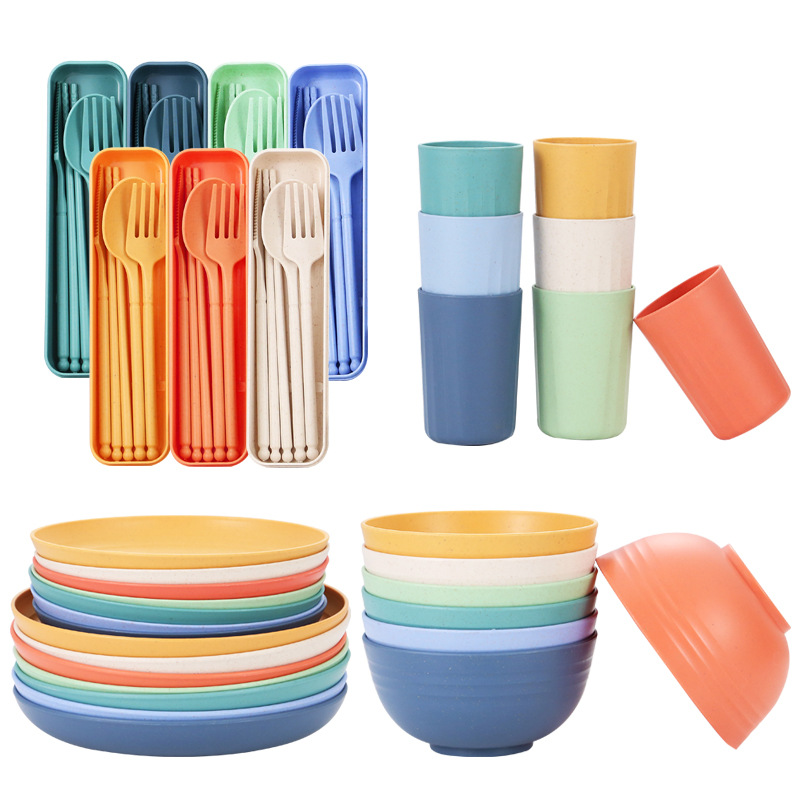 Amazon Wheat Straw Plate Bowl Cup Portable Tableware Knife Fork Spoon Chopsticks Set Home User Outdoor Camping Student Gift