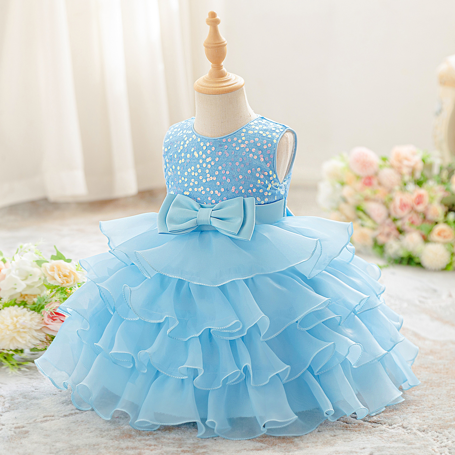 Vestido de niña de nuevo estilo, vestido de princesa sin mangas con lentejuelas, vestido de encaje, vestido de flores para boda