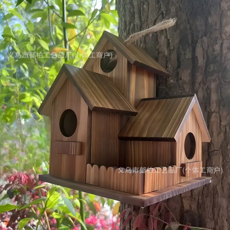 デザイン無垢材鳥の巣 3 ルーム屋外吊り木の餌箱ペット繁殖木製ハウス木製装飾ペンダント|undefined
