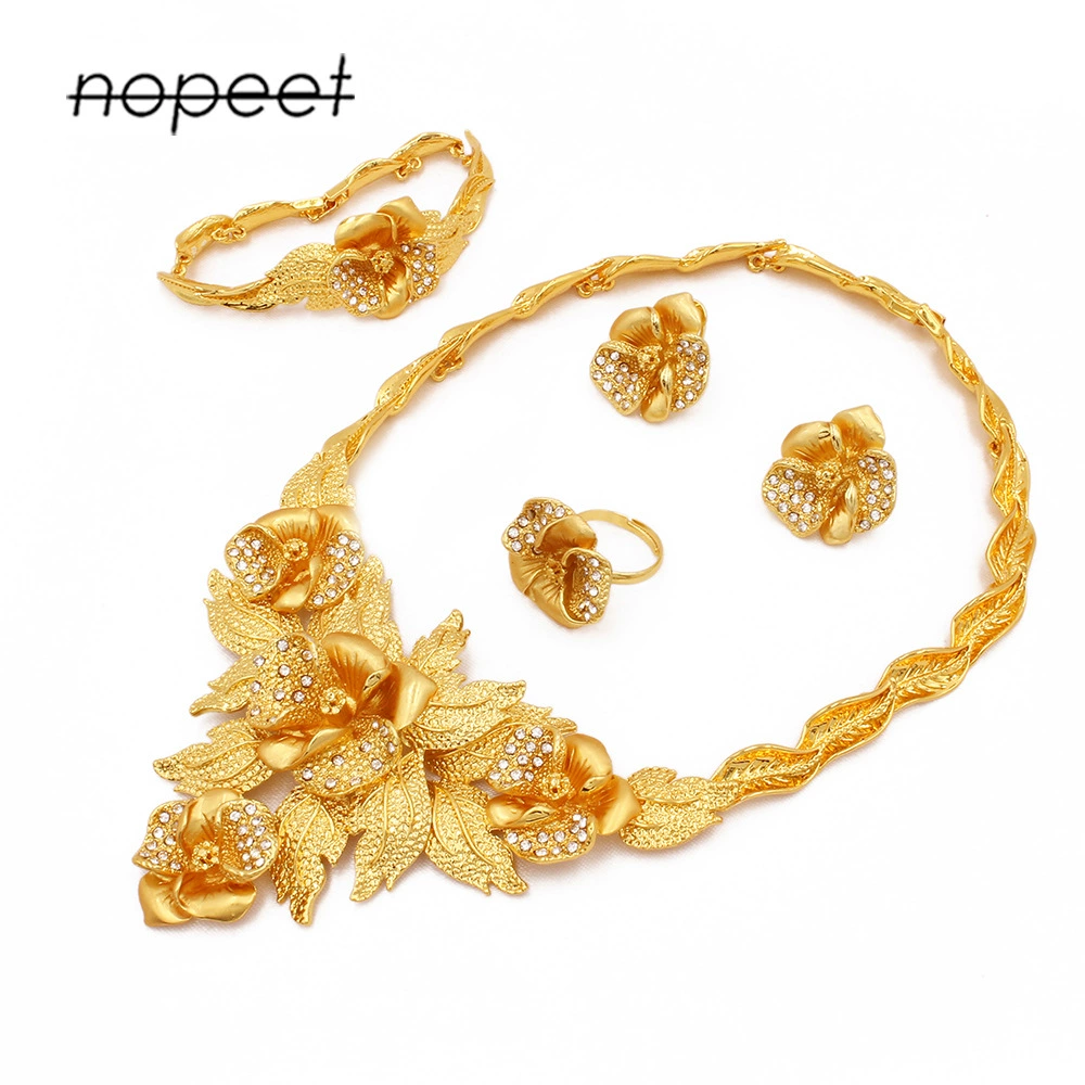 Golden jewelry, set, necklace and bracelet, chain, ring for bride, accessory