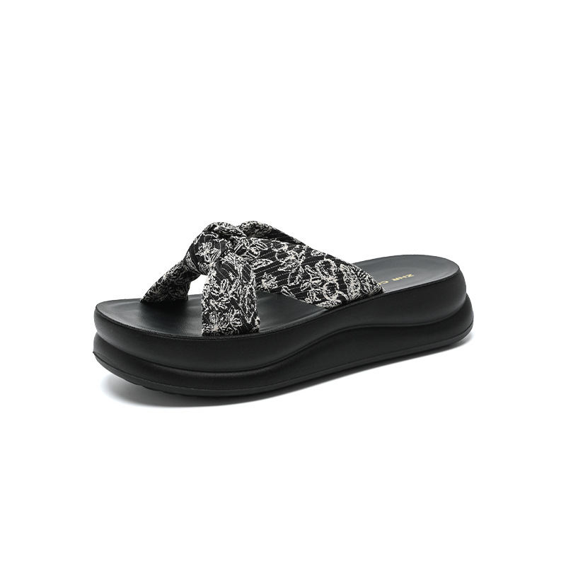 Dép sandal nữ quai chữ V đế dày phong cách hoa văn nổi — QE60 mét trắng
