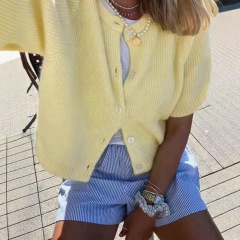 女性カジュアル優しい風ニットラウンドネックカーディガン黄色半袖夏の薄いタイプの快適なシングルボタン上着