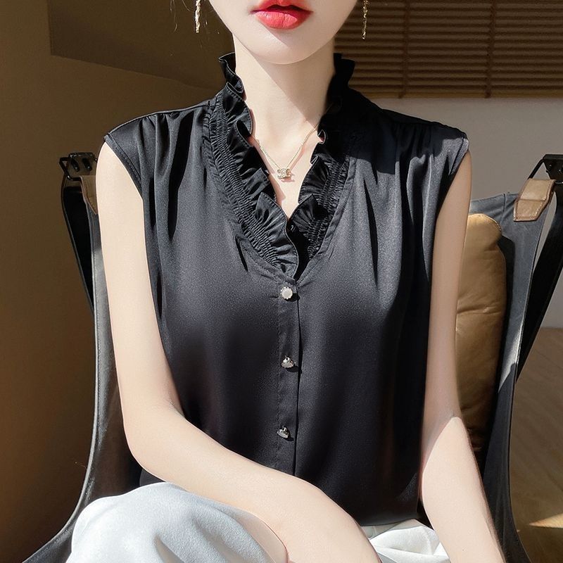 法式V领木耳花边丝滑缎面无袖背心气质内搭女叠穿百搭打底夏季|undefined
