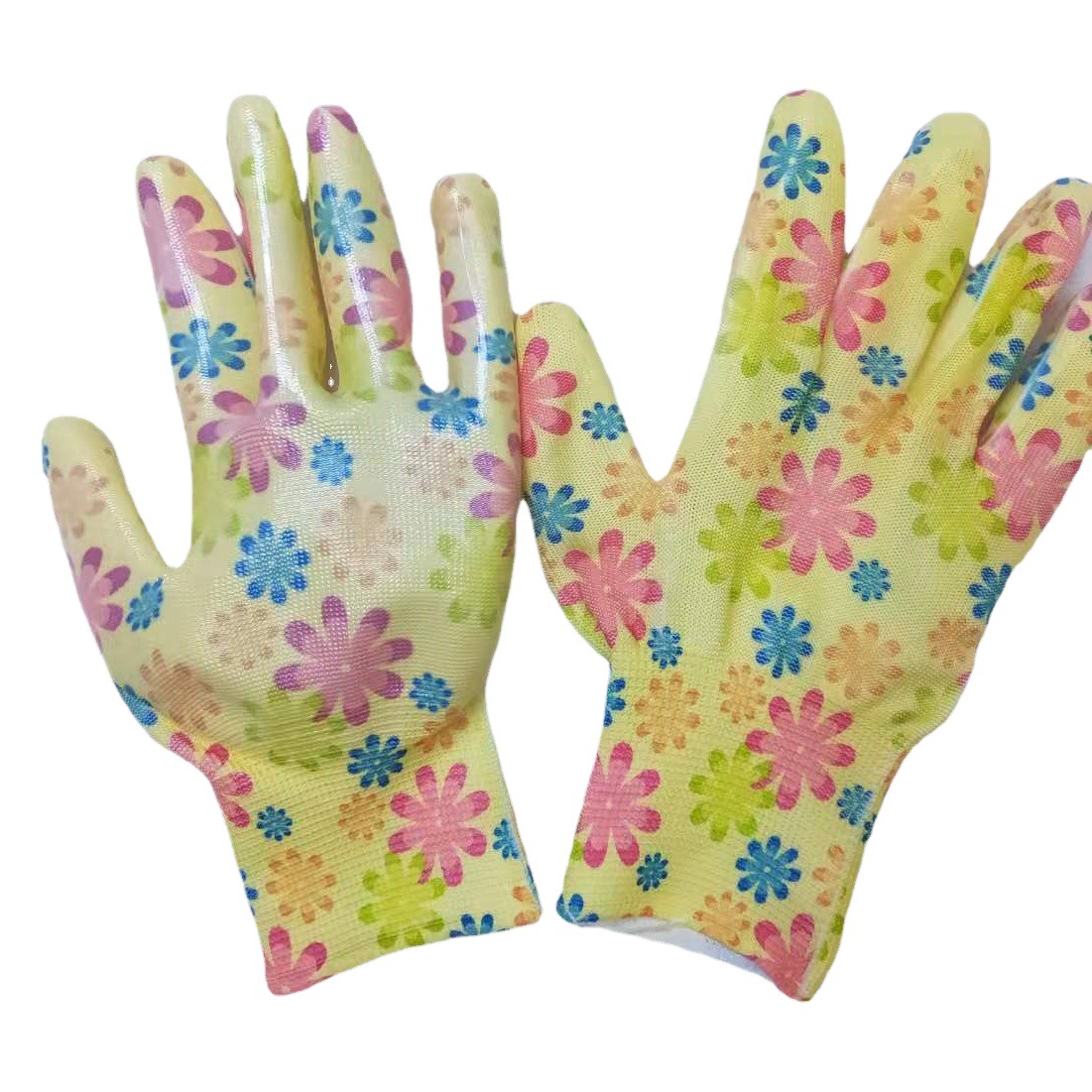 Guantes de protección laboral brillantes de nitrilo sumergidos en palma de nailon impreso de 13 pines del fabricante, guantes de jardín transpirables, resistentes a las perforaciones, resistentes al desgaste y a prueba de puñaladas