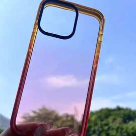 适用苹果型号15大孔透色渐变亚克力二合一水蜜桃色粉色黄色手机壳
