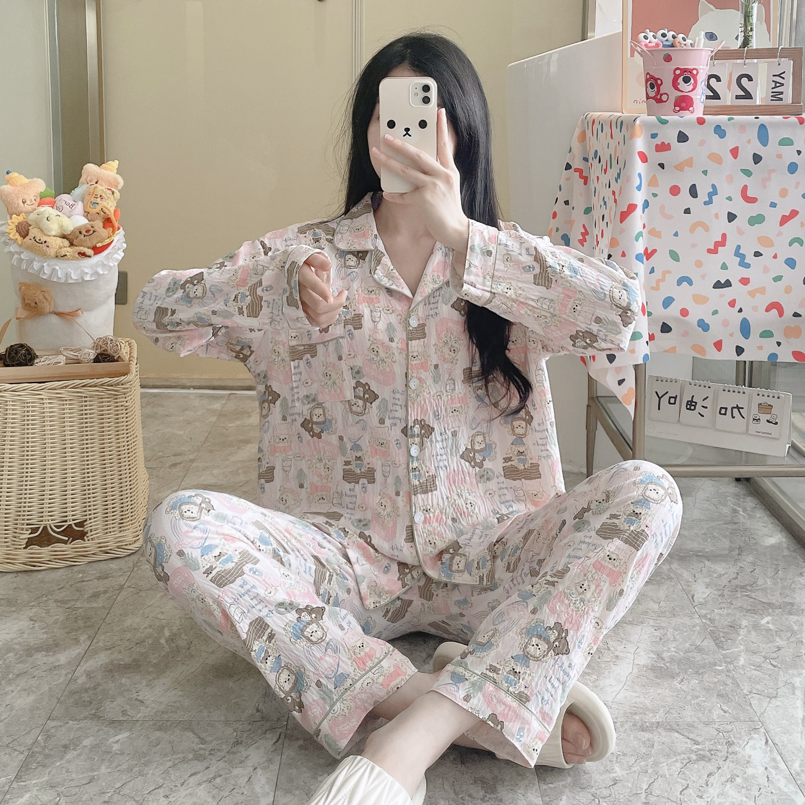 2025 primavera y otoño nubes algodón camiseta de manga larga pijama de mujer encantador dibujos animados en línea viento rojo set de ropa de casa
