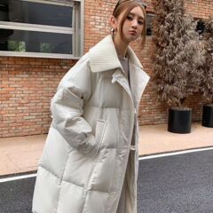 2025年新作厚手綿入りジャケット、女性用ミドル丈膝丈冬用ダウンジャケット、韓国風ゆったりコート