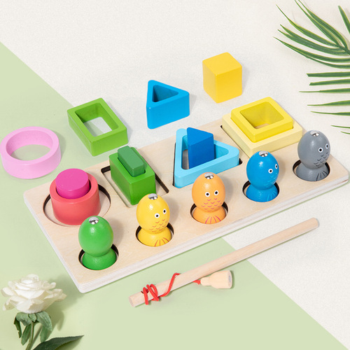 CE CPC cross-border new geometric shape column panel fishing two-in-one Montessori early education cognitive wooden toy