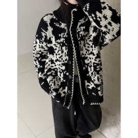 鹿西 韩系费尔岛提花立领针织毛衣女秋冬新款慵懒风拼色开衫ss899