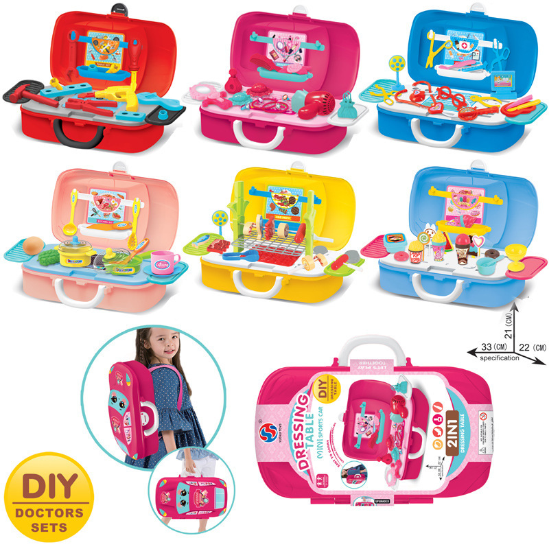 Cross-border Children's DIY Play Home 2 in 1 sports car Suitcase Simulation Tableware Barbecue Candy suit Backpack Toy