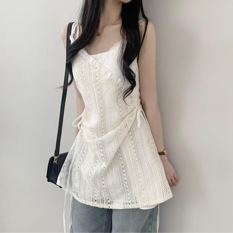 韓国シックな春夏スタイル巾着レースアップウエストレースキャミソール女性のレイヤードガーゼスカートボトムショートスカート|undefined