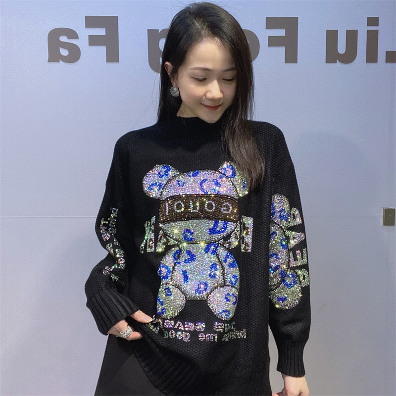 European Women's Half-High Collar Lazy Style Sweater, New Winter Long-Sleeve Loose Rhinestone Large Size Knitwear Trendy