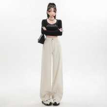 YS82024年秋季新款杏色提花牛仔长裤女高腰显瘦宽松直筒阔腿拖地