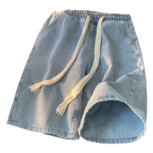 Denim shorts men's loose wide-leg pants fashionable outer wear summer thin lace elastic waist casual cropped pants