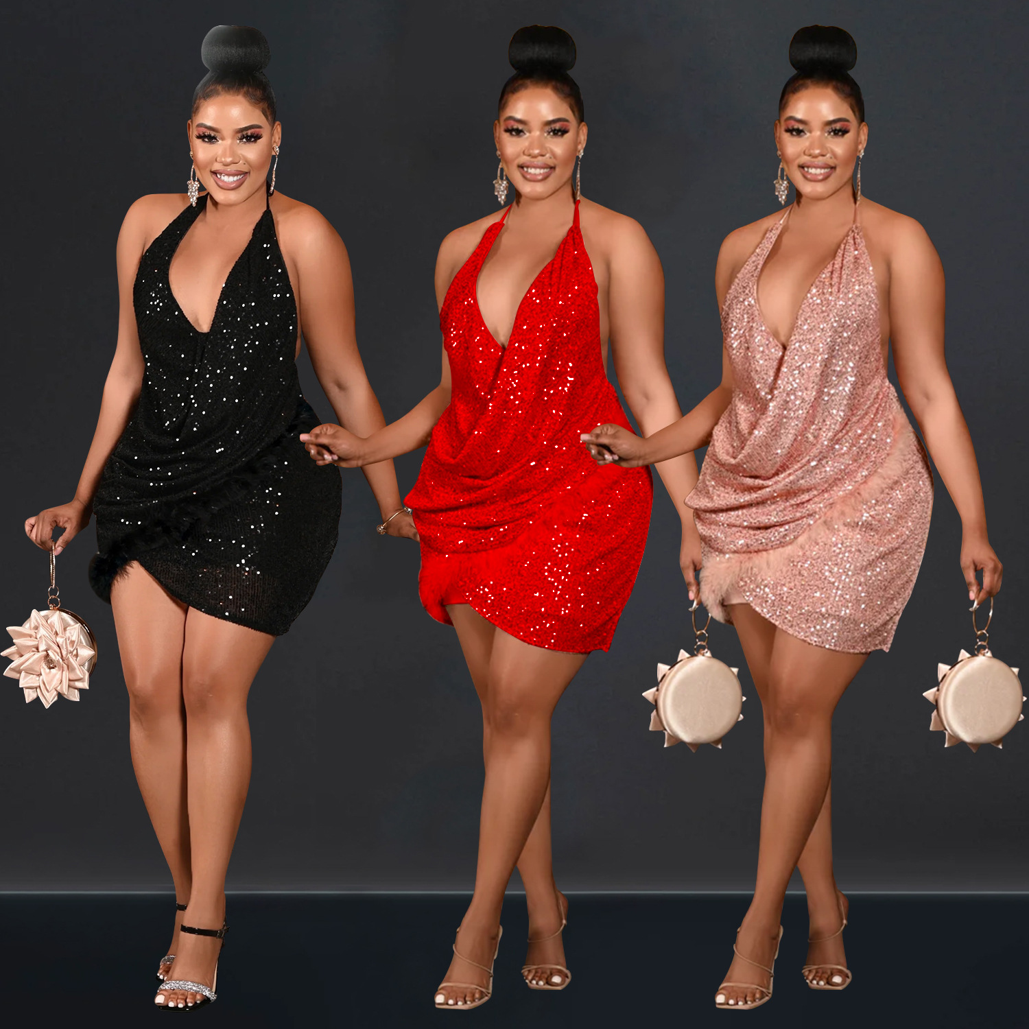 C6905 cross-border AliExpress amazon Europa y América moda de mujer sexy con cuentas de cinturón vestido vestido corto en una sola falda