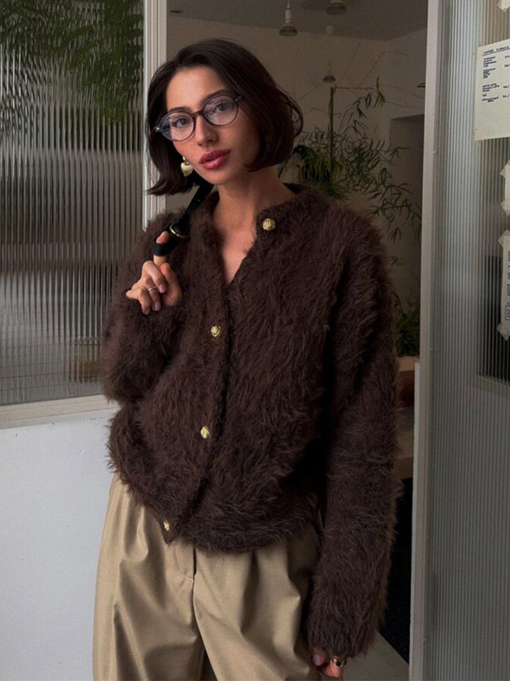 Áo cardigan len dệt kim dáng suông cổ tròn tay dài cài nút phong cách Hàn Quốc — Màu nâu, Xanh quân đội, màu hồng, Đỏ (Còn hàng) chi tiết 52