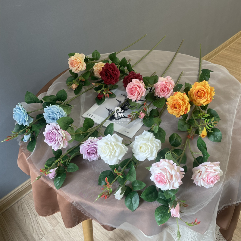 3頭威尼斯玫瑰仿真花重瓣角玫婚慶布景插花裝飾假花家居擺設道具