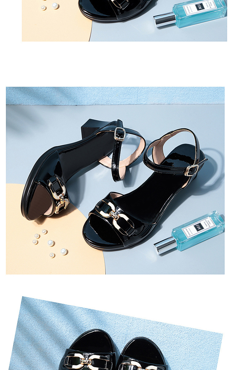 Sandal nữ hở mũi gót vuông da sáng chế, phối váy thanh lịch mùa hè — Màu đen chi tiết 16