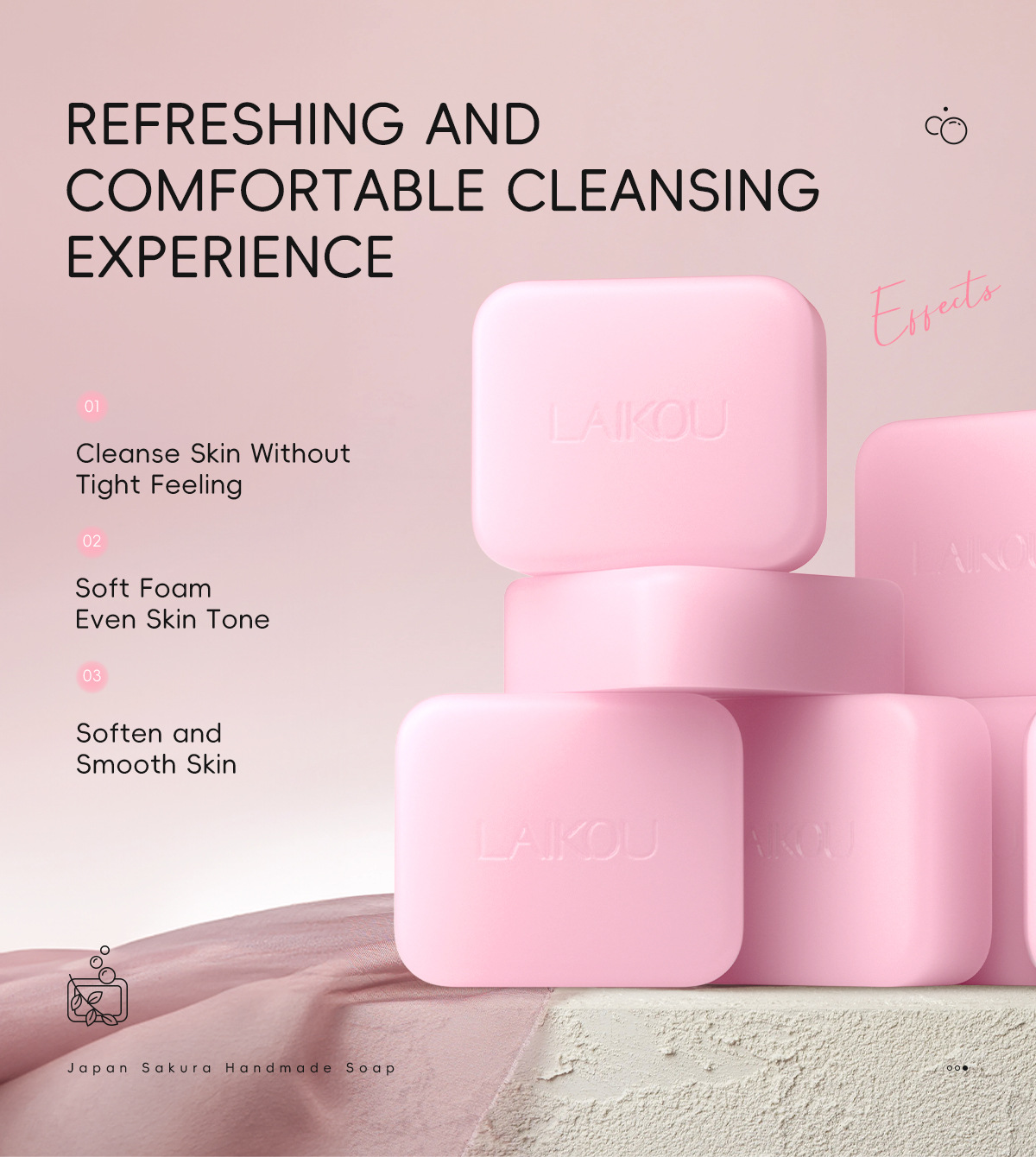 The new cross-border product LAIKOU Moisturizing and Cleaning Cherry Blossom Handmade Soap 110g is in stock and available for wholesale from the manufacturer. It comes in English packaging undefined