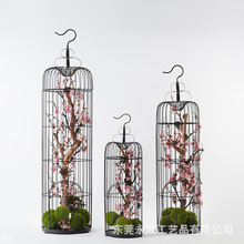 新中式样板房软装饰品仿真花艺梅花枯树大型铁艺鸟笼落地客厅摆件