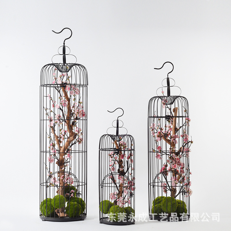 新中式样板房软装饰品仿真花艺梅花枯树大型铁艺鸟笼落地客厅摆件