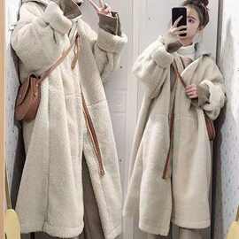 秋冬新款2-300斤连帽拼接拉链长款宽松大码显瘦仿羊羔绒外套女isn
