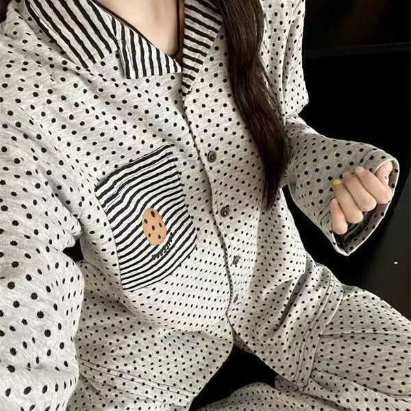 韩版简约波点曲奇睡衣女春秋季ins套装长袖长裤可外穿休闲家居服|undefined