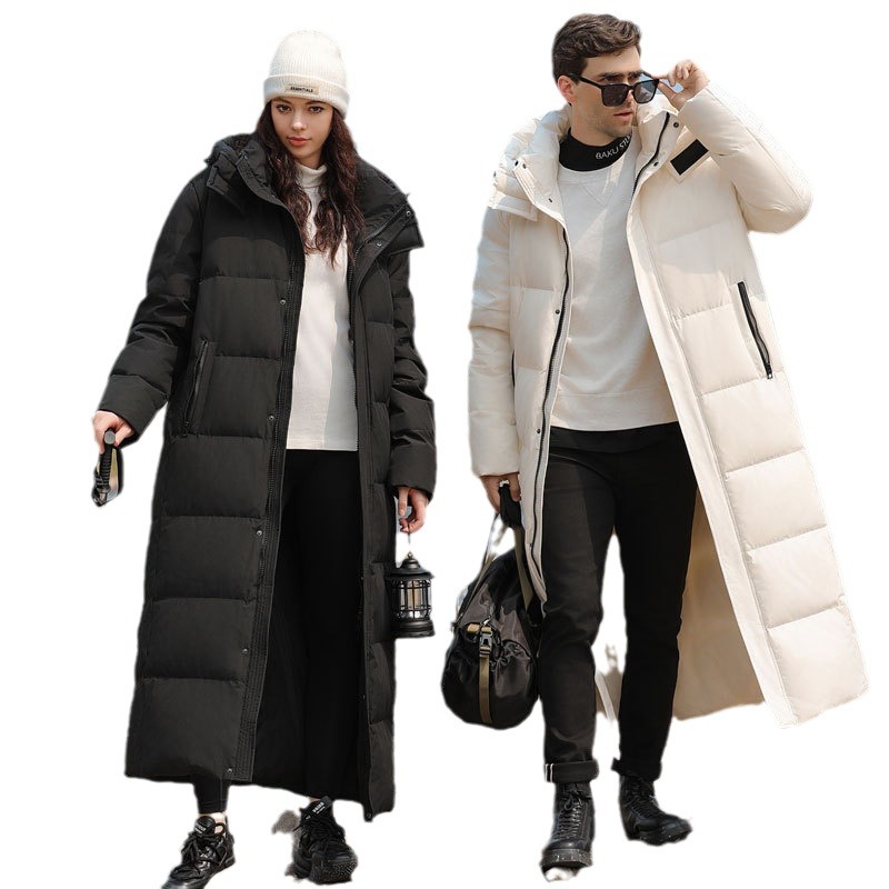 Extra-Long Couple’s Down Coat – 600FP White Goose Feather, Waterproof & Breathable, Oversized Korean Style (M-4XL, Black/Cream Unisex)_voghion.com