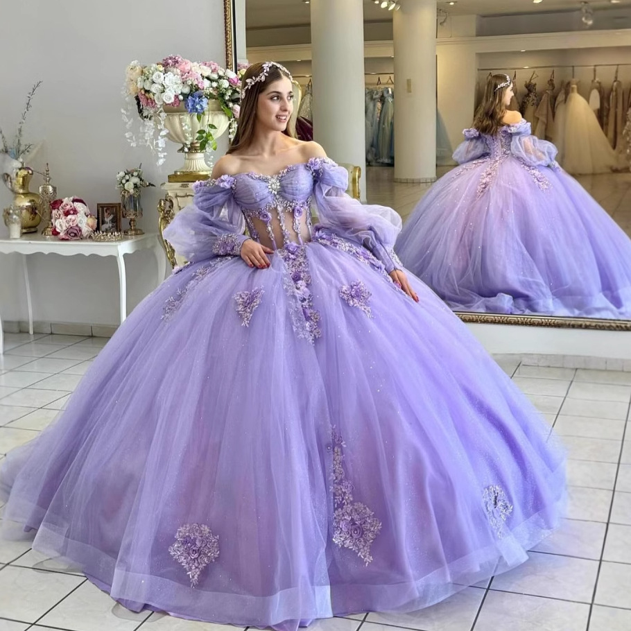 Floral Quinceañera Dress with Sleeves, Sparkling Beaded Sweet Dress, 2026 New One-Shoulder Prom Dress for Women