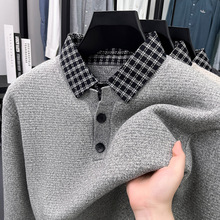 男士羊毛衫高档中年冬季加厚假两件衬衫领休闲保暖针织打底毛衣男