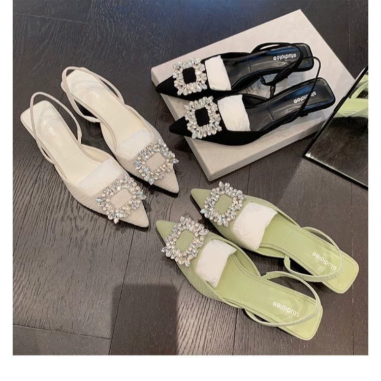 Свежие зеленые заостренные носок на спине пустые сандалии с закрытым носком 2023 новые летние новые спинки со стразами пустые однослойные туфли для женщин