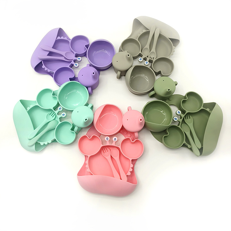 Plato de cena de cangrejo para niños vajilla de dibujos animados de alimentación de silicona bebé pezón taza de paja traje de combinación de vajilla de seis piezas