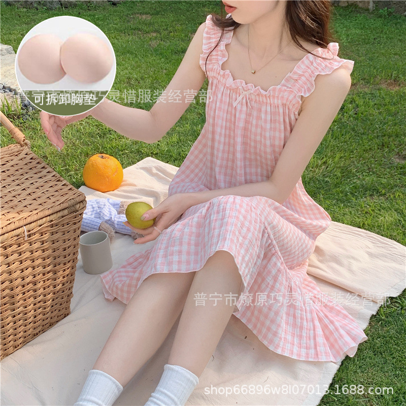 Pijama de cabina para mujeres polvo de cereza de verano algodón trenzado cojín de pecho pijama largo viento rojo de primavera y verano ropa para el hogar
