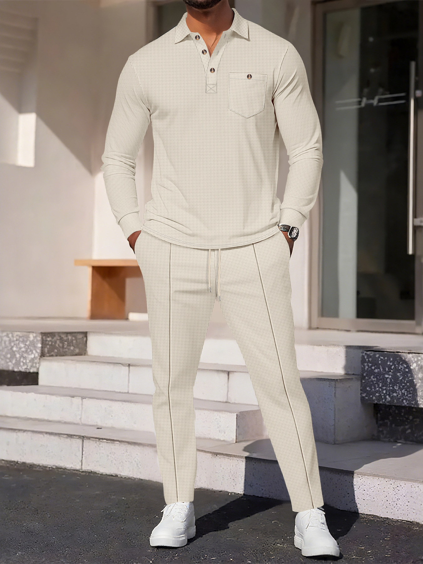 Plus Size Men's Long Shirt And Trousers Suit Solid Color Waffle Knit Casual Lapel Trendy_voghion.com