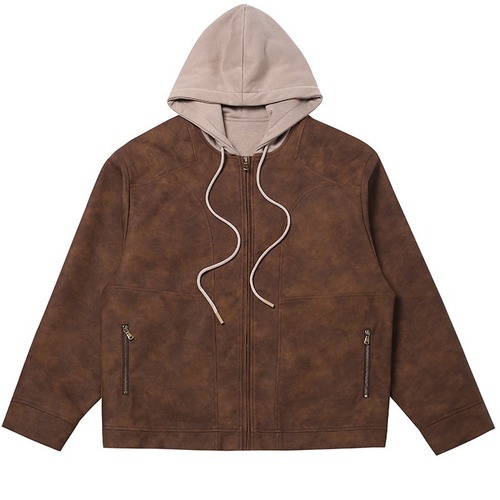 Autumn/Winter American Style Leather Jacket with Pockets, Biker Jacket, Hooded Sweatshirt, Unisex, High-end Feel