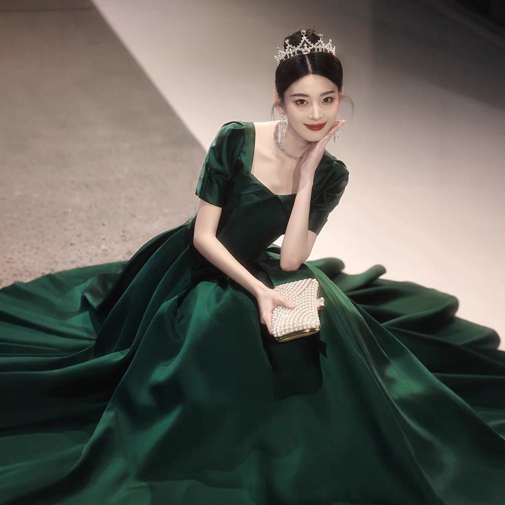 Green Satin Evening Dress for Women, High-Waisted New Performance Dress, Birthday Art Exam Music Student Dress