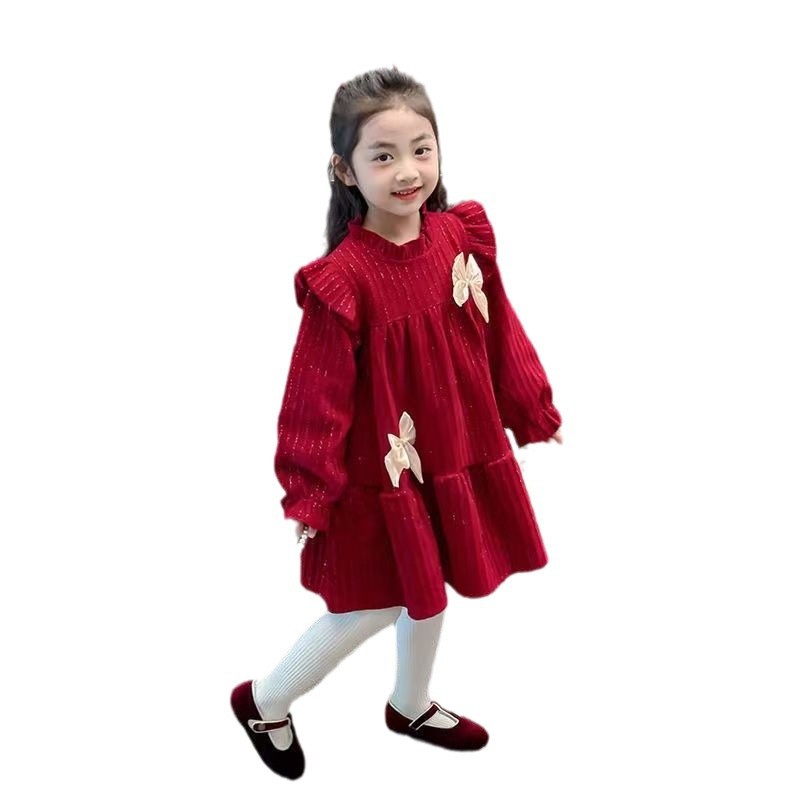 Niñas otoño e invierno más vellón nuevo vestido invierno niños falda roja año nuevo estilo occidental niña princesa año nuevo