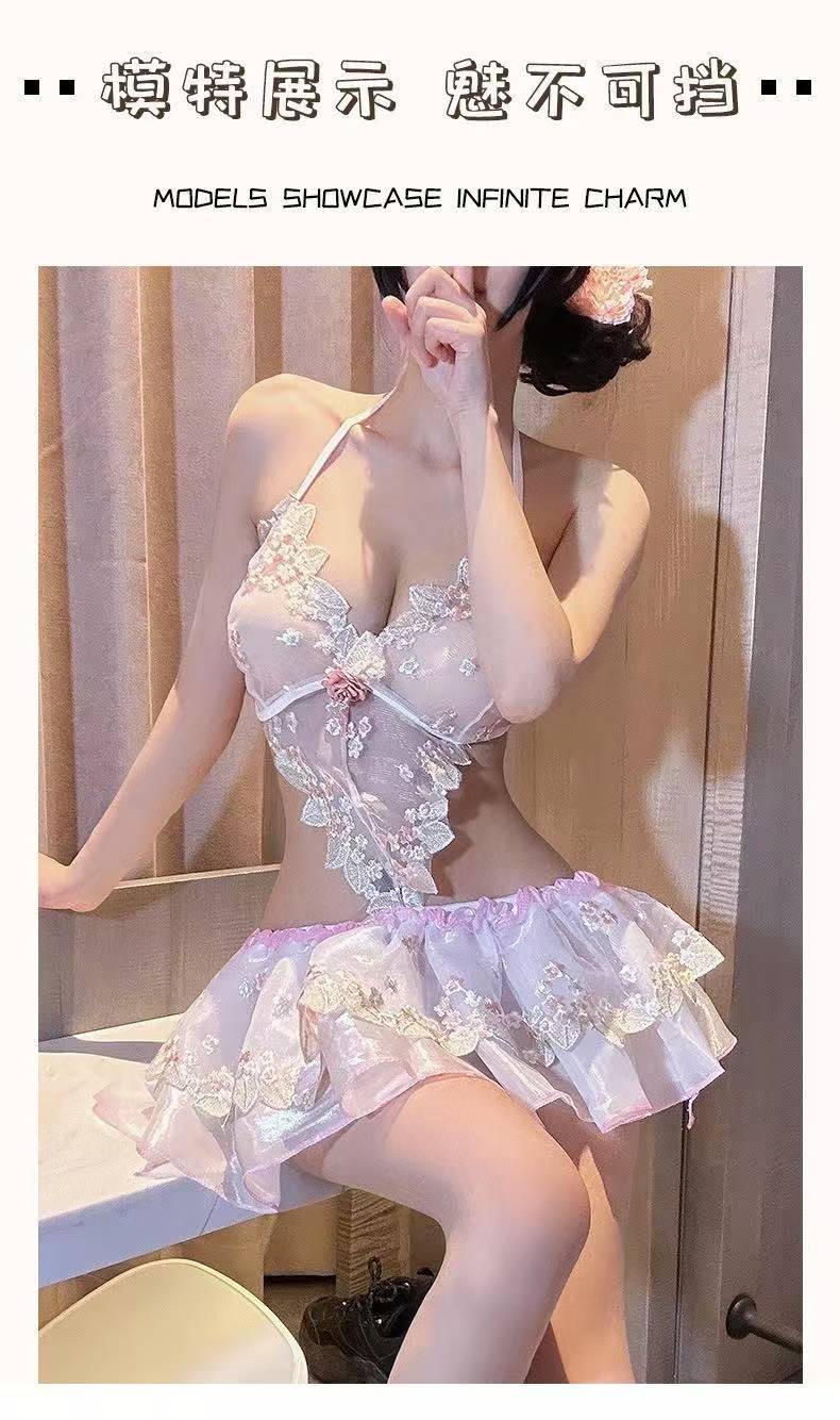 Bridal Veil Lace Lingerie Set with Puffy Princess Skirt and Embroidered Nightgown, Purple One Size — detail image 8