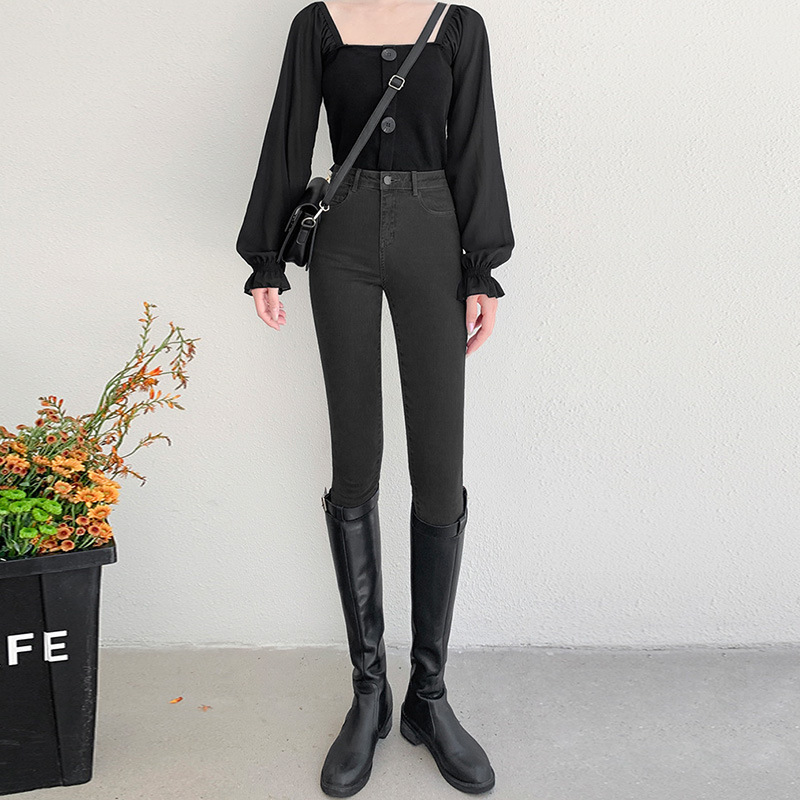 879 fashion ins style high waist jeans women's tight feet 2022 autumn and winter New slim pencil pants elastic