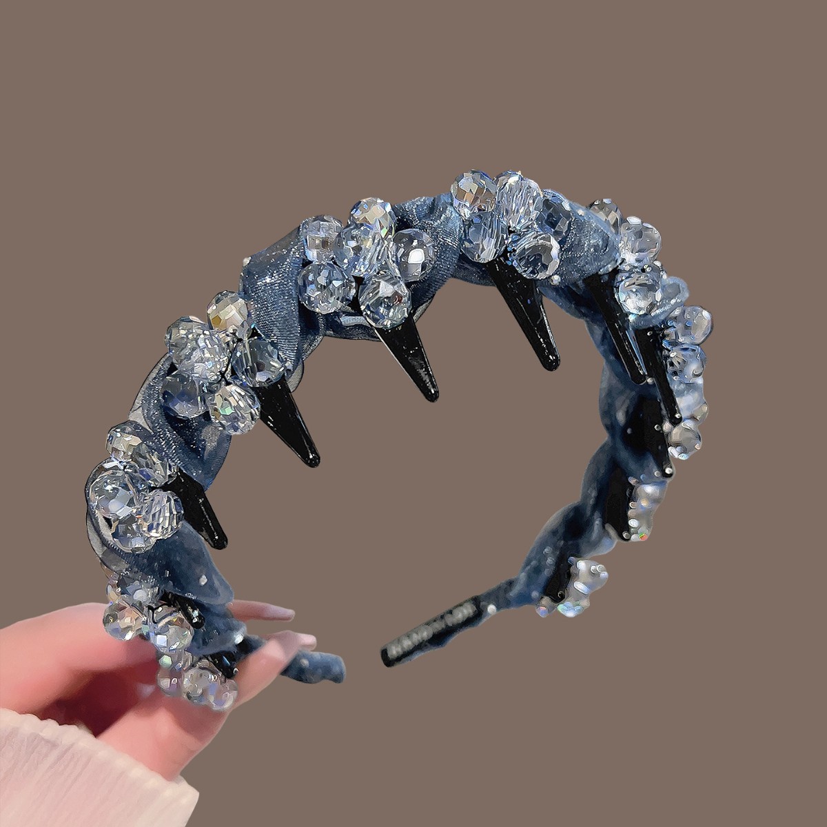 Blue mesh rhinestone crystal flower headband