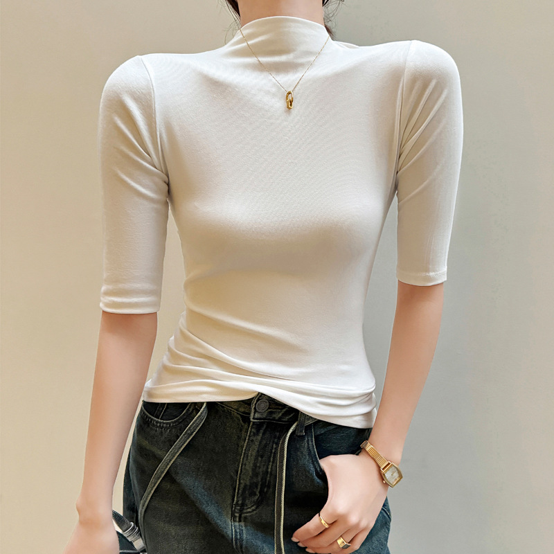 엄선된 모달 가을 겨울 여성용 오른쪽 어깨 반팔 티셔츠, 니치 하프 터틀넥 5부 소매 이너 탑